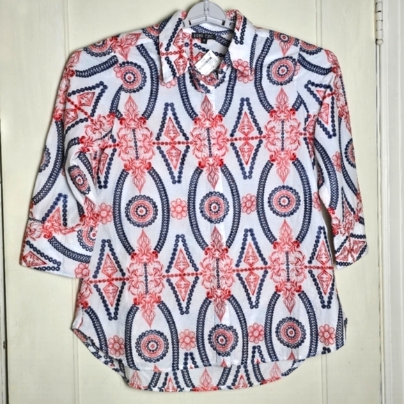 Boho Chic Heavy Embroidered Floral Eyelet Button-Down 3/4 Sleeve Blouse Small - Picture 4 of 8